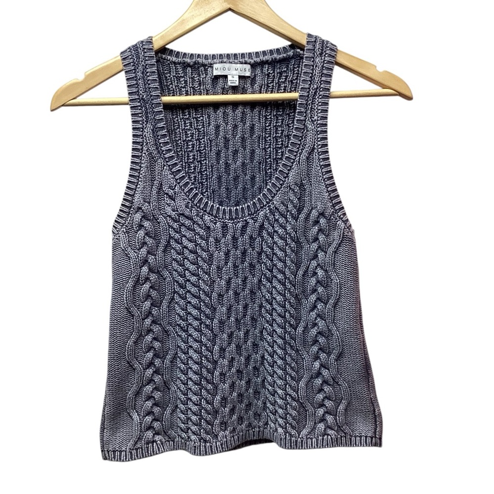 Miou Muse Cotton cottagecore cable knit tank steel gray. Size Small - Picture 3 of 10